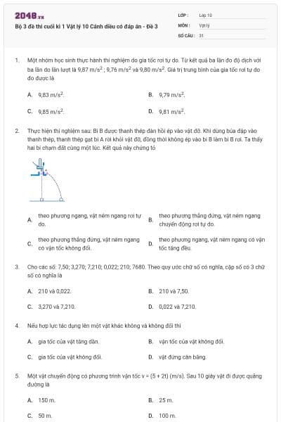 Bộ 3 đề thi cuối kì 1 Vật lý 10 Cánh diều có đáp án - Đề 3