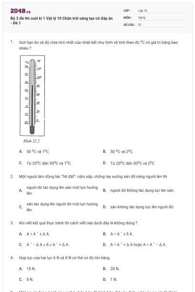 Bộ 3 đề thi cuối kì 1 Vật lý 10 Chân trời sáng tạo có đáp án - Đề 1