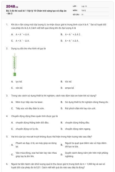 Bộ 3 đề thi cuối kì 1 Vật lý 10 Chân trời sáng tạo có đáp án - Đề 3