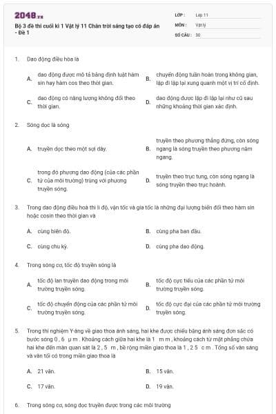 Bộ 3 đề thi cuối kì 1 Vật lý 11 Chân trời sáng tạo có đáp án - Đề 1