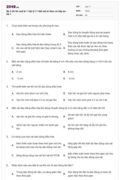 Bộ 3 đề thi cuối kì 1 Vật lý 11 Kết nối tri thức có đáp án - Đề 1