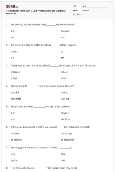 Trắc nghiệm Tiếng Anh 9 Unit 7 Vocabulary and Grammar có đáp án