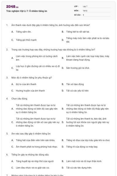 Trắc nghiệm Vật Lí 7: Ô nhiễm tiếng ồn