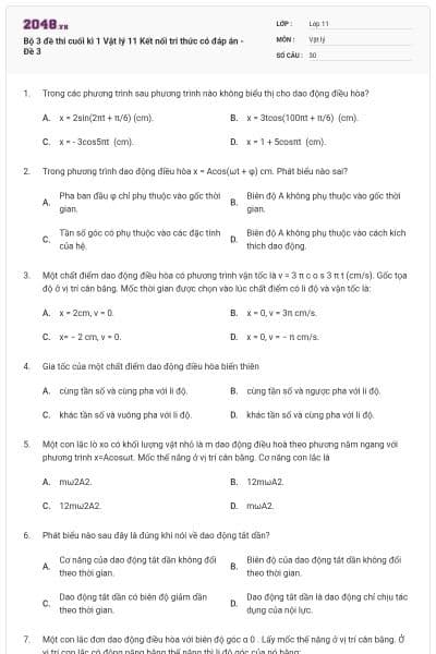 Bộ 3 đề thi cuối kì 1 Vật lý 11 Kết nối tri thức có đáp án - Đề 3