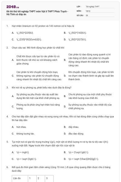 Đề thi thử tốt nghiệp THPT môn Vật lí THPT Phúc Trạch - Hà Tĩnh có đáp án