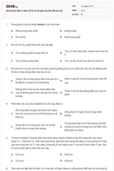 Đề thi thử Vật Lí năm 2019 có lời giải chi tiết (Đề số 23)