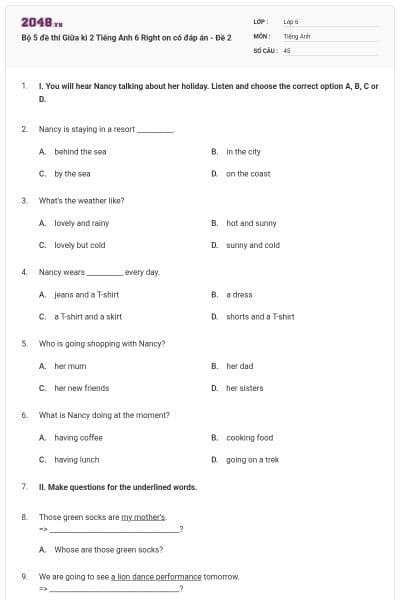 Bộ 5 đề thi Giữa kì 2 Tiếng Anh 6 Right on có đáp án - Đề 2