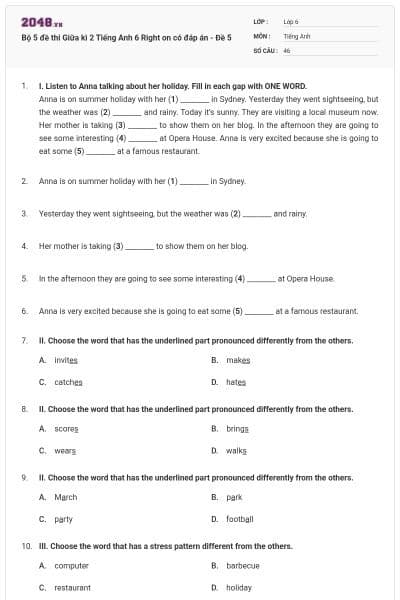 Bộ 5 đề thi Giữa kì 2 Tiếng Anh 6 Right on có đáp án - Đề 5