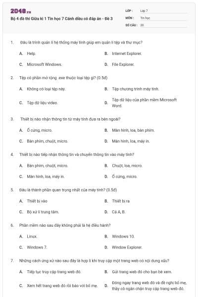 Bộ 4 đề thi Giữa kì 1 Tin học 7 Cánh diều có đáp án - Đề 3