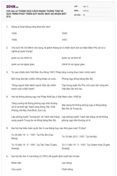 220 câu về THÀNH QUẢ CÁCH MẠNG THÁNG TÁM VÀ QUÁ TRÌNH PHÁT TRIỂN ĐẤT NƯỚC MỨC ĐỘ NHẬN BIẾT (P3)