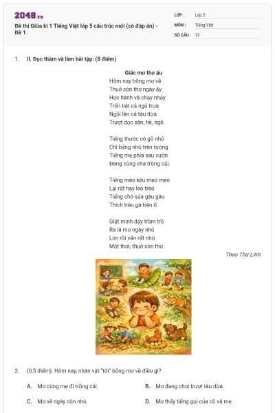 Đề thi Giữa kì 1 Tiếng Việt lớp 5 cấu trúc mới (có đáp án) - Đề 1