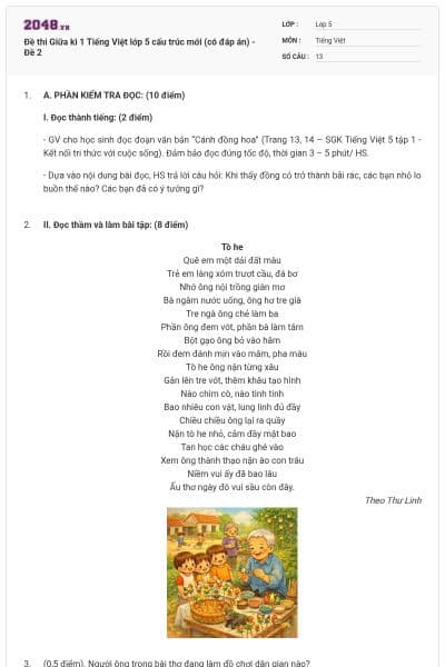 Đề thi Giữa kì 1 Tiếng Việt lớp 5 cấu trúc mới (có đáp án) - Đề 2