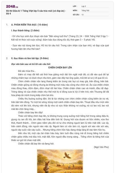 Đề thi Giữa kì 1 Tiếng Việt lớp 5 cấu trúc mới (có đáp án) - Đề 4