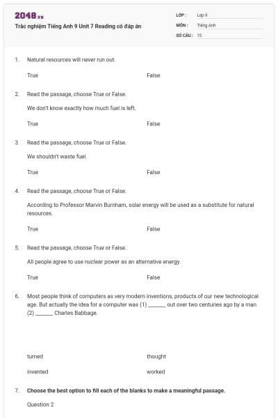 Trắc nghiệm Tiếng Anh 9 Unit 7 Reading có đáp án