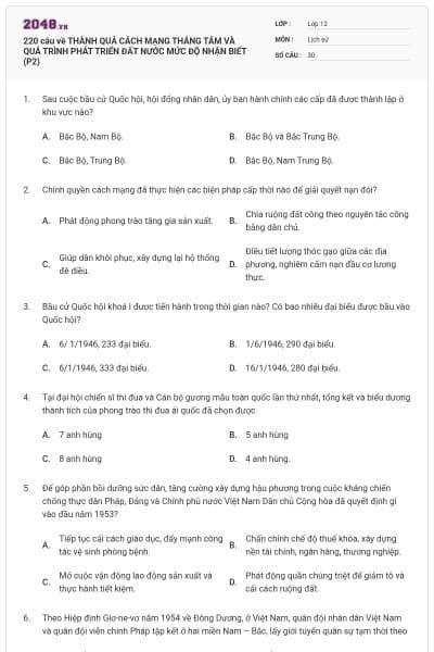220 câu về THÀNH QUẢ CÁCH MẠNG THÁNG TÁM VÀ QUÁ TRÌNH PHÁT TRIỂN ĐẤT NƯỚC MỨC ĐỘ NHẬN BIẾT (P2)