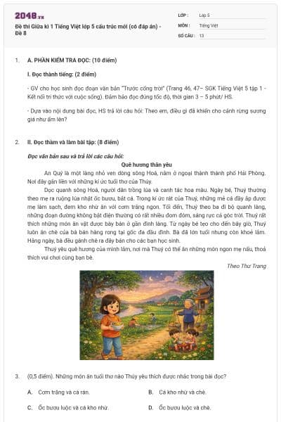 Đề thi Giữa kì 1 Tiếng Việt lớp 5 cấu trúc mới (có đáp án) - Đề 8