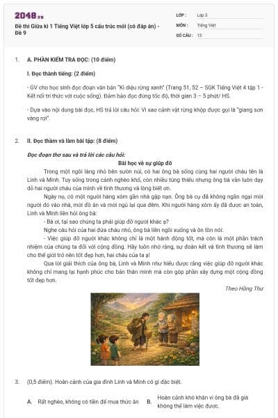 Đề thi Giữa kì 1 Tiếng Việt lớp 5 cấu trúc mới (có đáp án) - Đề 9