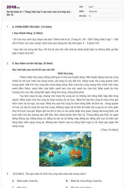Đề thi Giữa kì 1 Tiếng Việt lớp 5 cấu trúc mới (có đáp án) - Đề 10