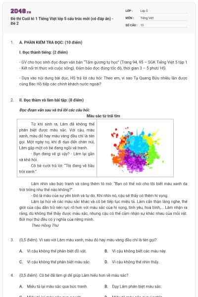 Đề thi Cuối kì 1 Tiếng Việt lớp 5 cấu trúc mới (có đáp án) - Đề 2