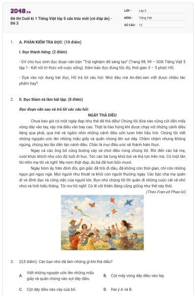 Đề thi Cuối kì 1 Tiếng Việt lớp 5 cấu trúc mới (có đáp án) - Đề 3