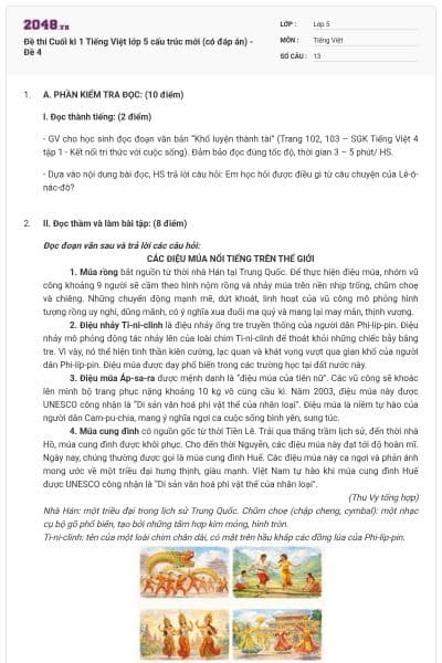 Đề thi Cuối kì 1 Tiếng Việt lớp 5 cấu trúc mới (có đáp án) - Đề 4