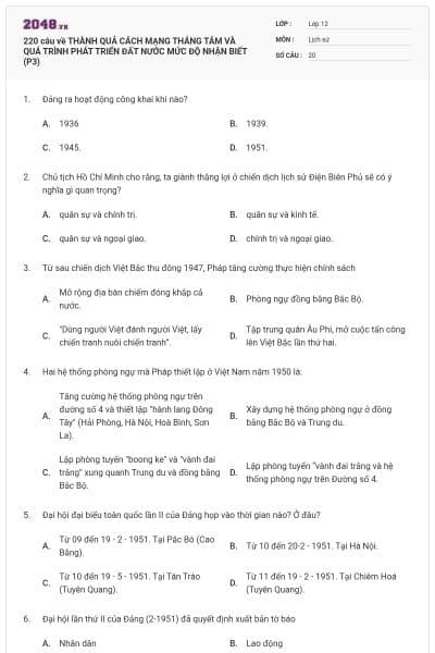 220 câu về THÀNH QUẢ CÁCH MẠNG THÁNG TÁM VÀ QUÁ TRÌNH PHÁT TRIỂN ĐẤT NƯỚC MỨC ĐỘ NHẬN BIẾT (P3)