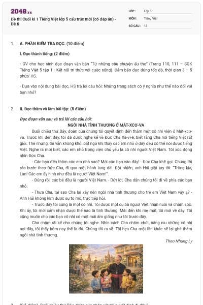 Đề thi Cuối kì 1 Tiếng Việt lớp 5 cấu trúc mới (có đáp án) - Đề 6