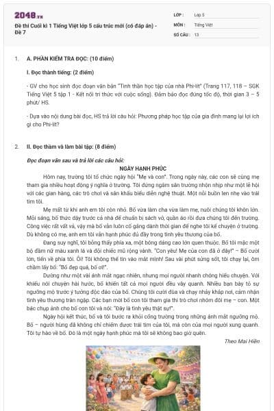 Đề thi Cuối kì 1 Tiếng Việt lớp 5 cấu trúc mới (có đáp án) - Đề 7