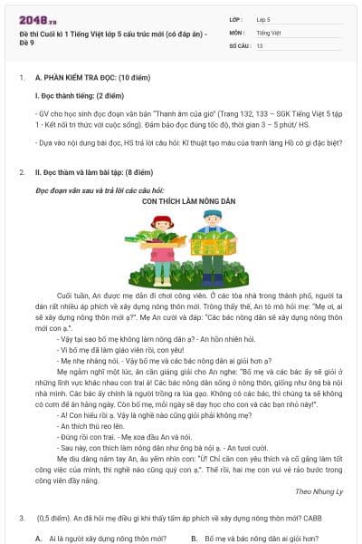 Đề thi Cuối kì 1 Tiếng Việt lớp 5 cấu trúc mới (có đáp án) - Đề 9