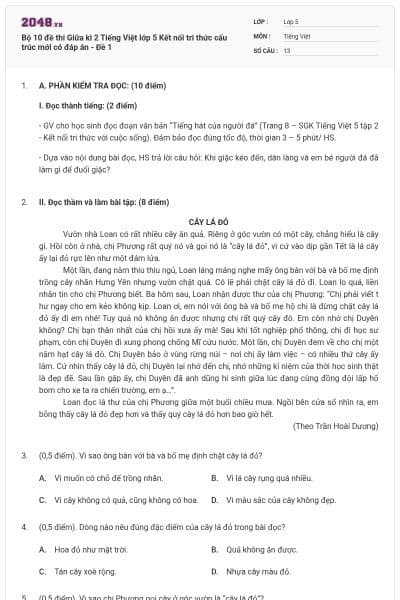Bộ 10 đề thi Giữa kì 2 Tiếng Việt lớp 5 Kết nối tri thức cấu trúc mới có đáp án - Đề 1
