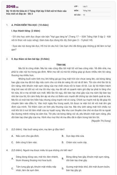 Bộ 10 đề thi Giữa kì 2 Tiếng Việt lớp 5 Kết nối tri thức cấu trúc mới có đáp án - Đề 3