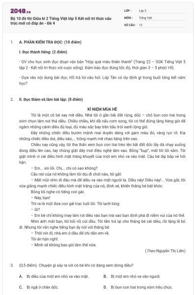 Bộ 10 đề thi Giữa kì 2 Tiếng Việt lớp 5 Kết nối tri thức cấu trúc mới có đáp án - Đề 4