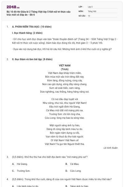 Bộ 10 đề thi Giữa kì 2 Tiếng Việt lớp 5 Kết nối tri thức cấu trúc mới có đáp án - Đề 6