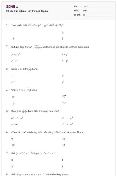 28 câu trắc nghiệm: Lũy thừa có đáp án