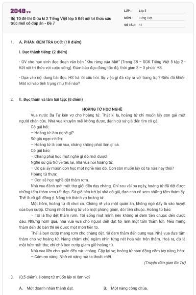 Bộ 10 đề thi Giữa kì 2 Tiếng Việt lớp 5 Kết nối tri thức cấu trúc mới có đáp án - Đề 7