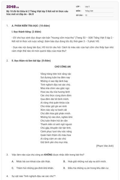 Bộ 10 đề thi Giữa kì 2 Tiếng Việt lớp 5 Kết nối tri thức cấu trúc mới có đáp án - Đề 8