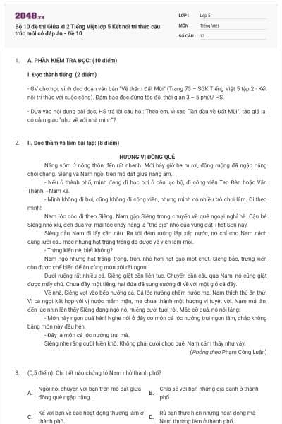 Bộ 10 đề thi Giữa kì 2 Tiếng Việt lớp 5 Kết nối tri thức cấu trúc mới có đáp án - Đề 10