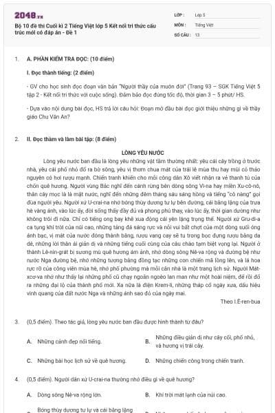 Bộ 10 đề thi Cuối kì 2 Tiếng Việt lớp 5 Kết nối tri thức cấu trúc mới có đáp án - Đề 1