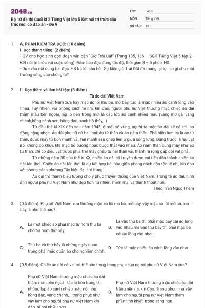 Bộ 10 đề thi Cuối kì 2 Tiếng Việt lớp 5 Kết nối tri thức cấu trúc mới có đáp án - Đề 9