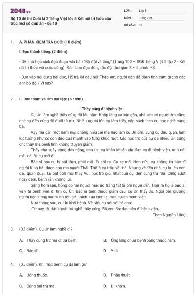 Bộ 10 đề thi Cuối kì 2 Tiếng Việt lớp 5 Kết nối tri thức cấu trúc mới có đáp án - Đề 10