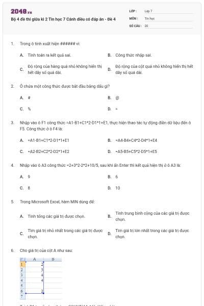 Bộ 4 đề thi giữa kì 2 Tin học 7 Cánh diều có đáp án - Đề 4