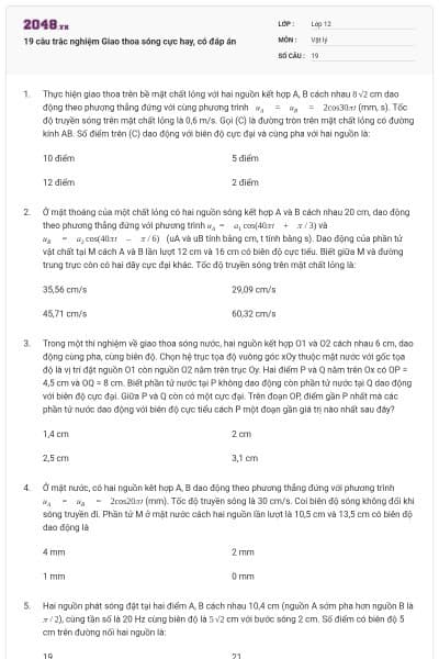 19 câu trắc nghiệm Giao thoa sóng cực hay, có đáp án