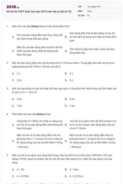 Đề thi thử THPT Quốc Gia năm 2019 môn Vật Lý (Đề số 19)