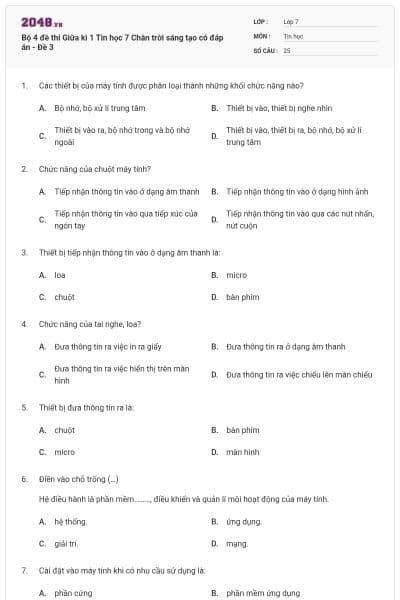 Bộ 4 đề thi Giữa kì 1 Tin học 7 Chân trời sáng tạo có đáp án - Đề 3