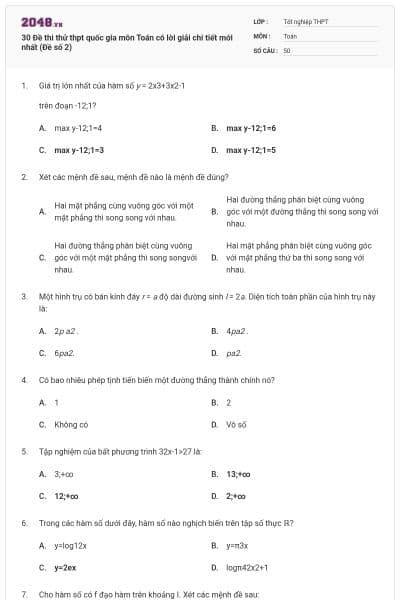 30 Đề thi thử thpt quốc gia môn Toán có lời giải chi tiết mới nhất (Đề số 2)