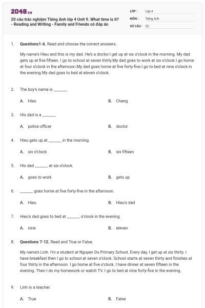 20 câu trắc nghiệm Tiếng Anh lớp 4 Unit 9. What time is it? - Reading and Writing - Family and Friends có đáp án