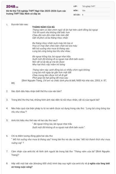 Đề thi thử Tốt nghiệp THPT Ngữ Văn 2025-2026 Cụm các trường THPT Bắc Ninh có đáp án