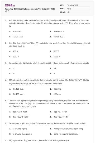 Tổng hợp đề thi thử thpt quốc gia môn Vật lí năm 2019 (đề số 7)