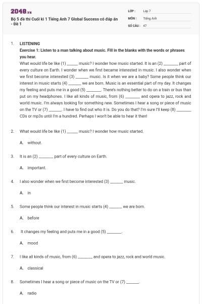 Bộ 5 đề thi Cuối kì 1 Tiếng Anh 7 Global Success có đáp án - Đề 1