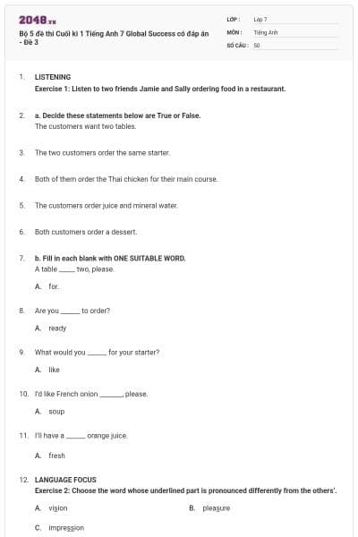 Bộ 5 đề thi Cuối kì 1 Tiếng Anh 7 Global Success có đáp án - Đề 3